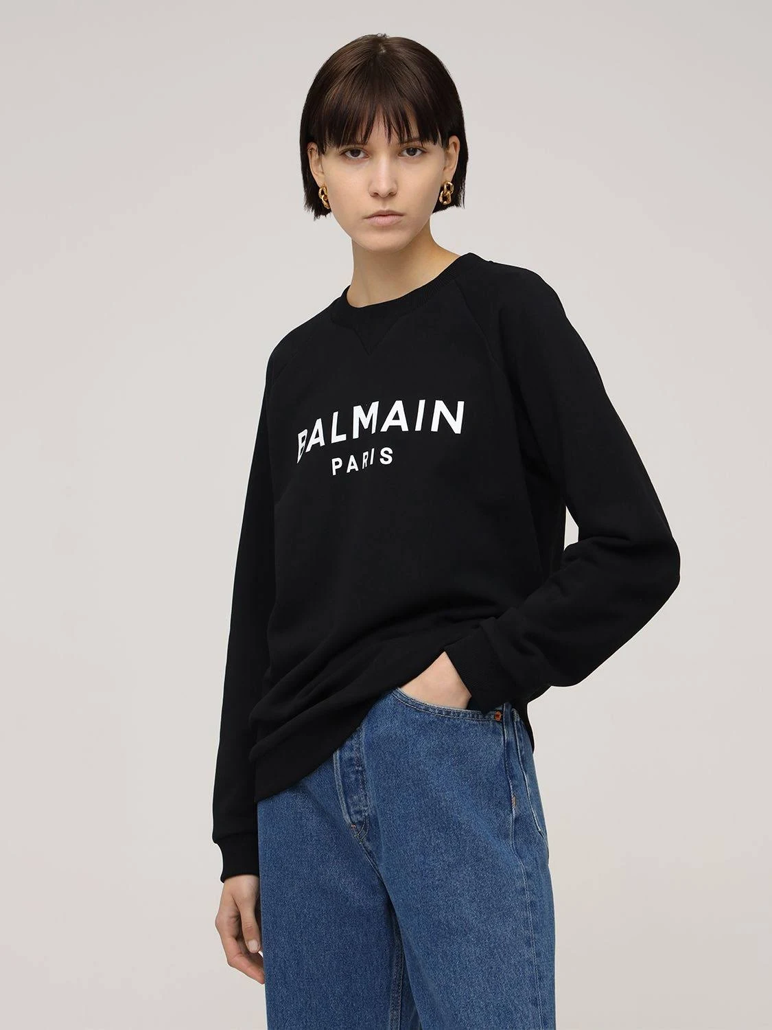 Balmain | Women Logo Printed Cotton Sweatshirt Black/white Xs
