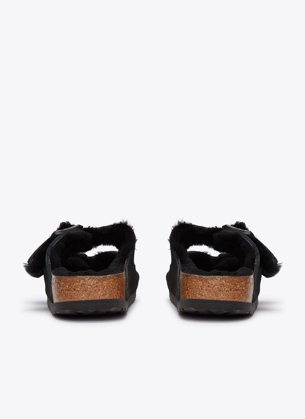 BIRKENSTOCK Arizona Suede Leather Black Shearling Two-Strap Sandals