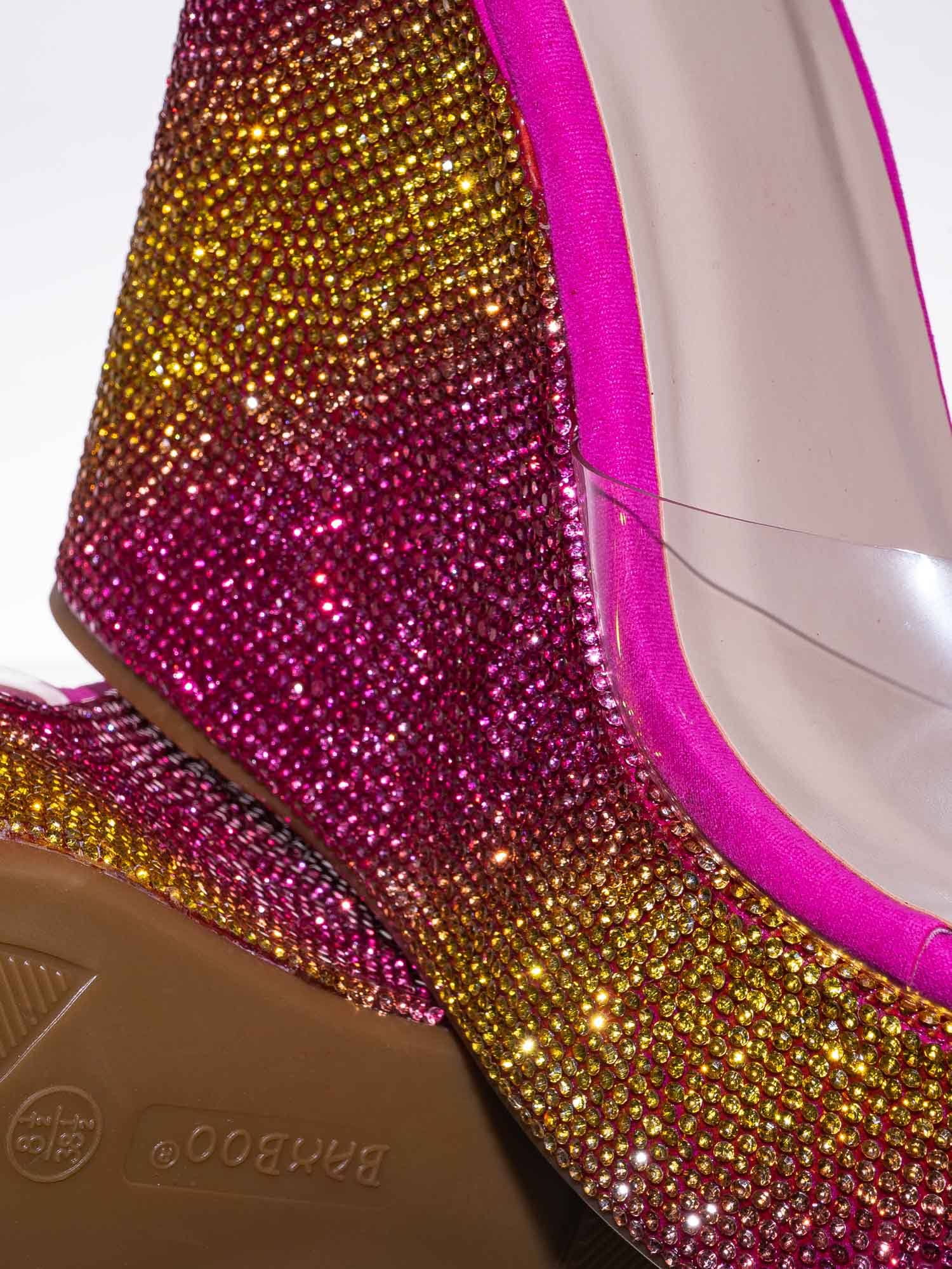 Bamboo Lucite Rhinestone Platform Wedge - Clear Transparent Slipper Sandal, Pink and Yellow