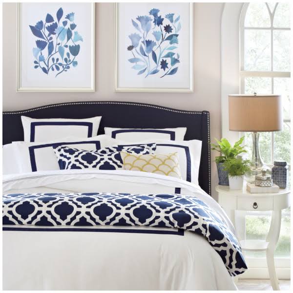 Birch Lane Stillman Upholstered Headboard Size: Queen, Upholstery: Goddard Indigo Stripe
