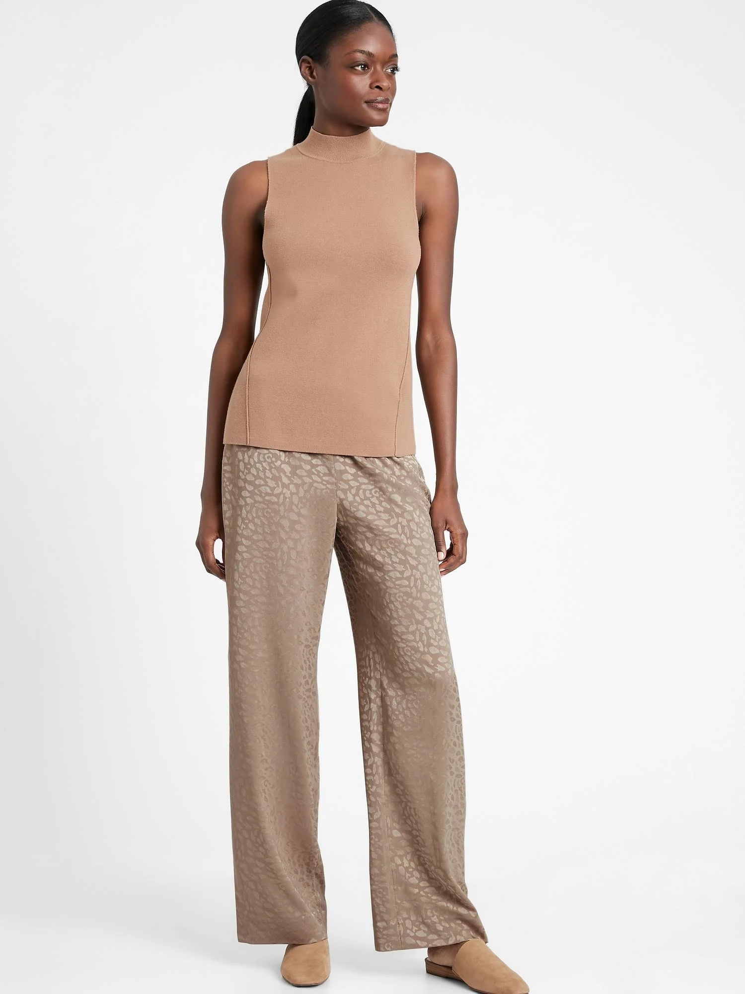Banana Republic Women's Wide-Leg Satin Pull-On Pant Leopard Print Fresh Taupe Size XL