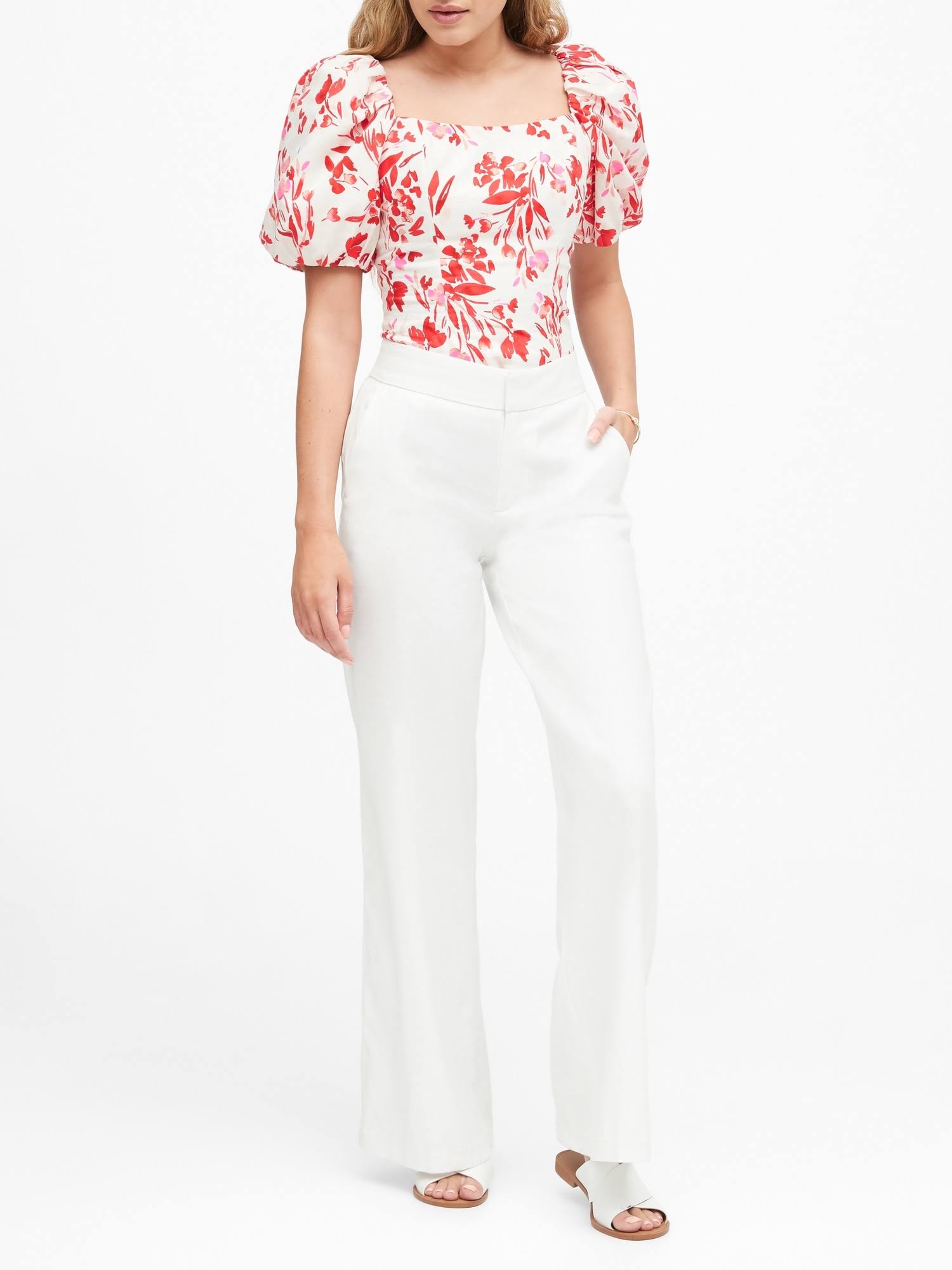 Banana Republic Women's Puff-Sleeve Cropped Top Red Floral Size L
