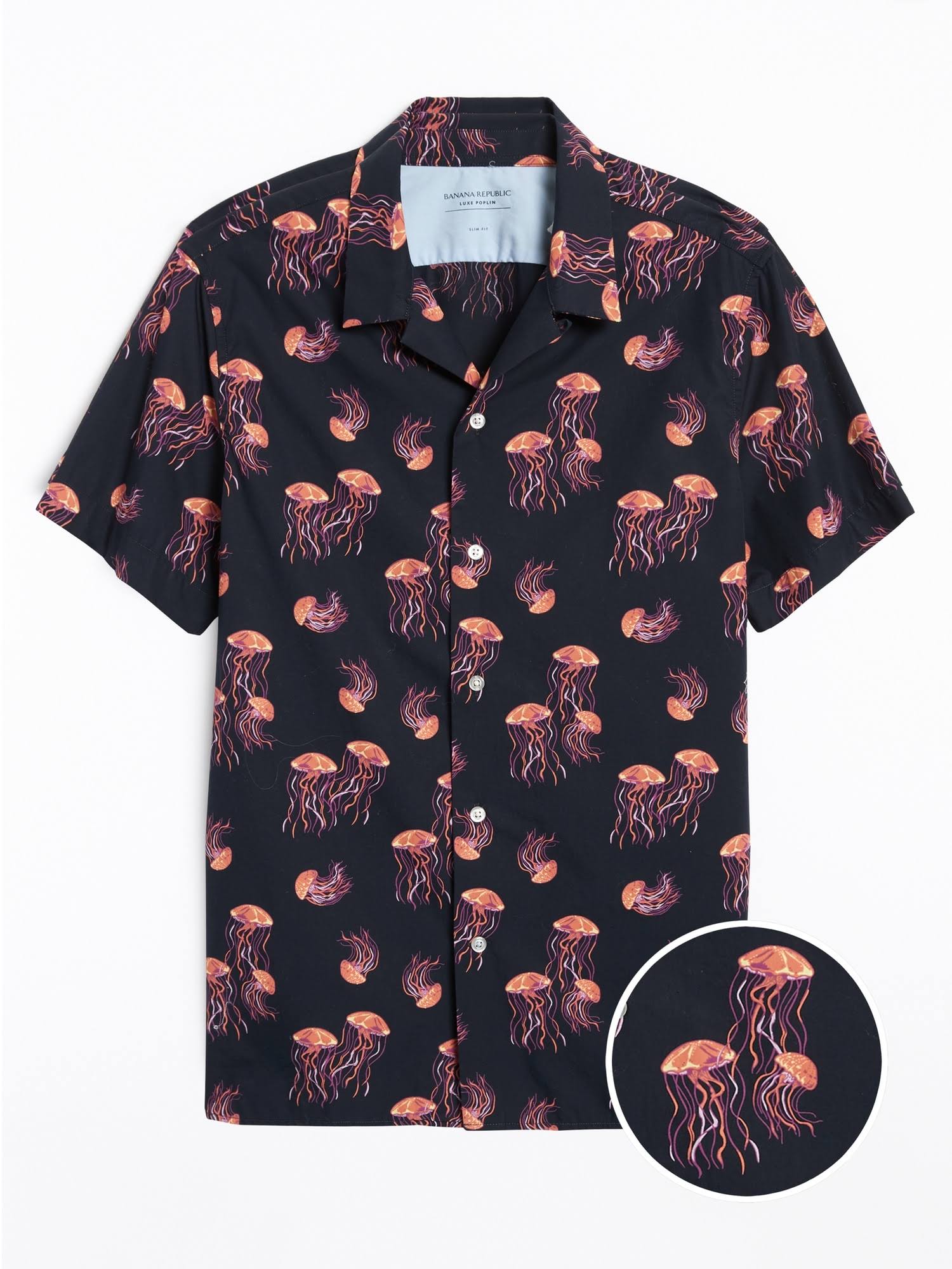 Banana Republic Men's Slim-Fit Luxe Poplin Resort Shirt Navy Jellyfish Print Size M
