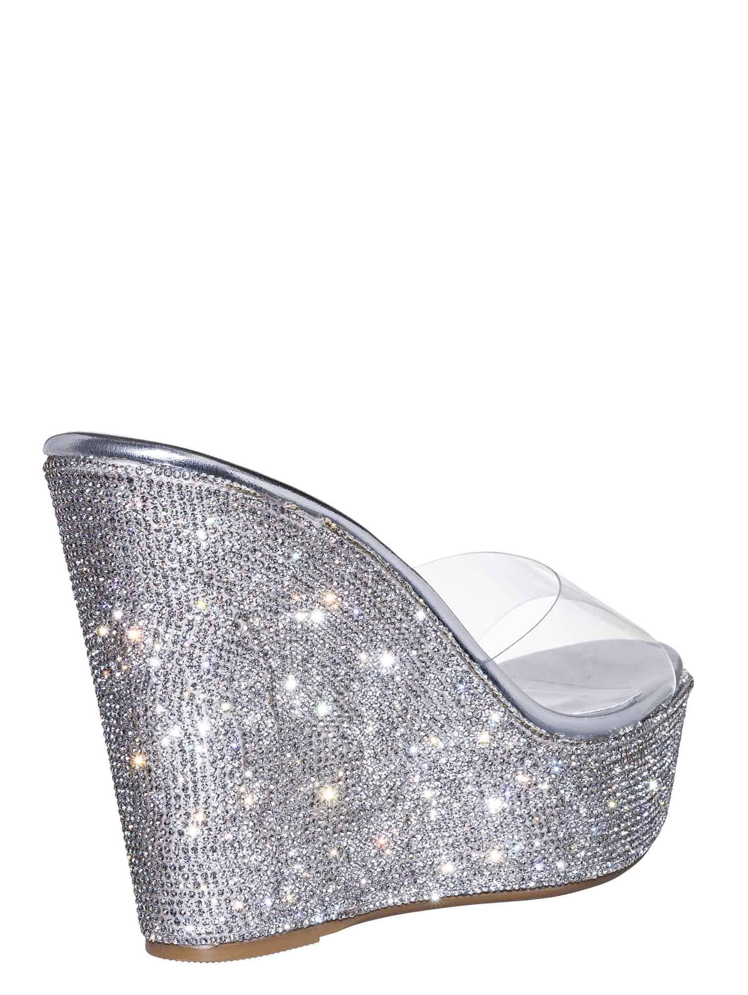 Bamboo Lucite Rhinestone Platform Wedge - Clear Transparent Slipper Sandal, Clear Silver