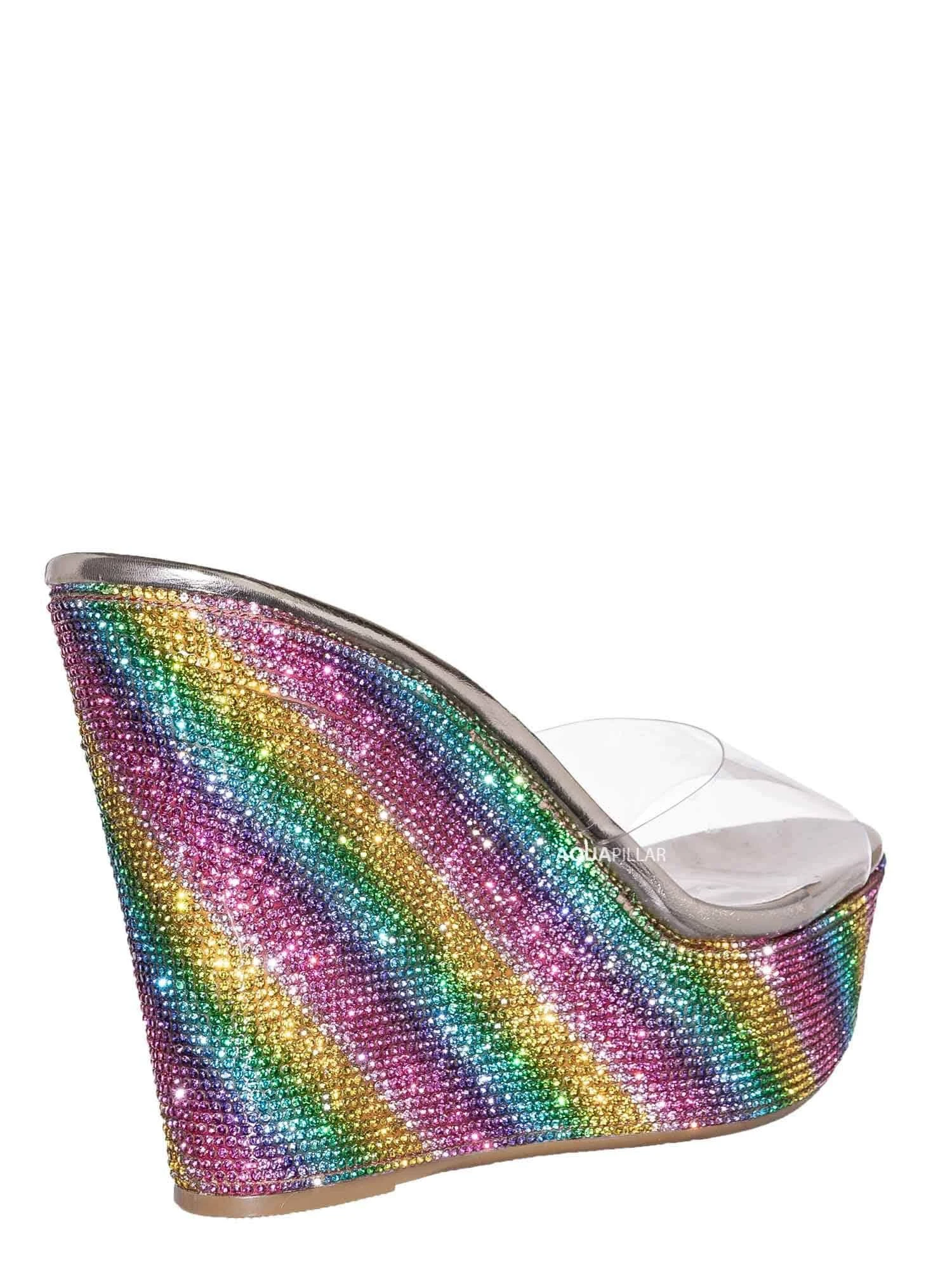 Bamboo Lucite Rhinestone Platform Wedge - Clear Transparent Slipper Sandal, Rainbow
