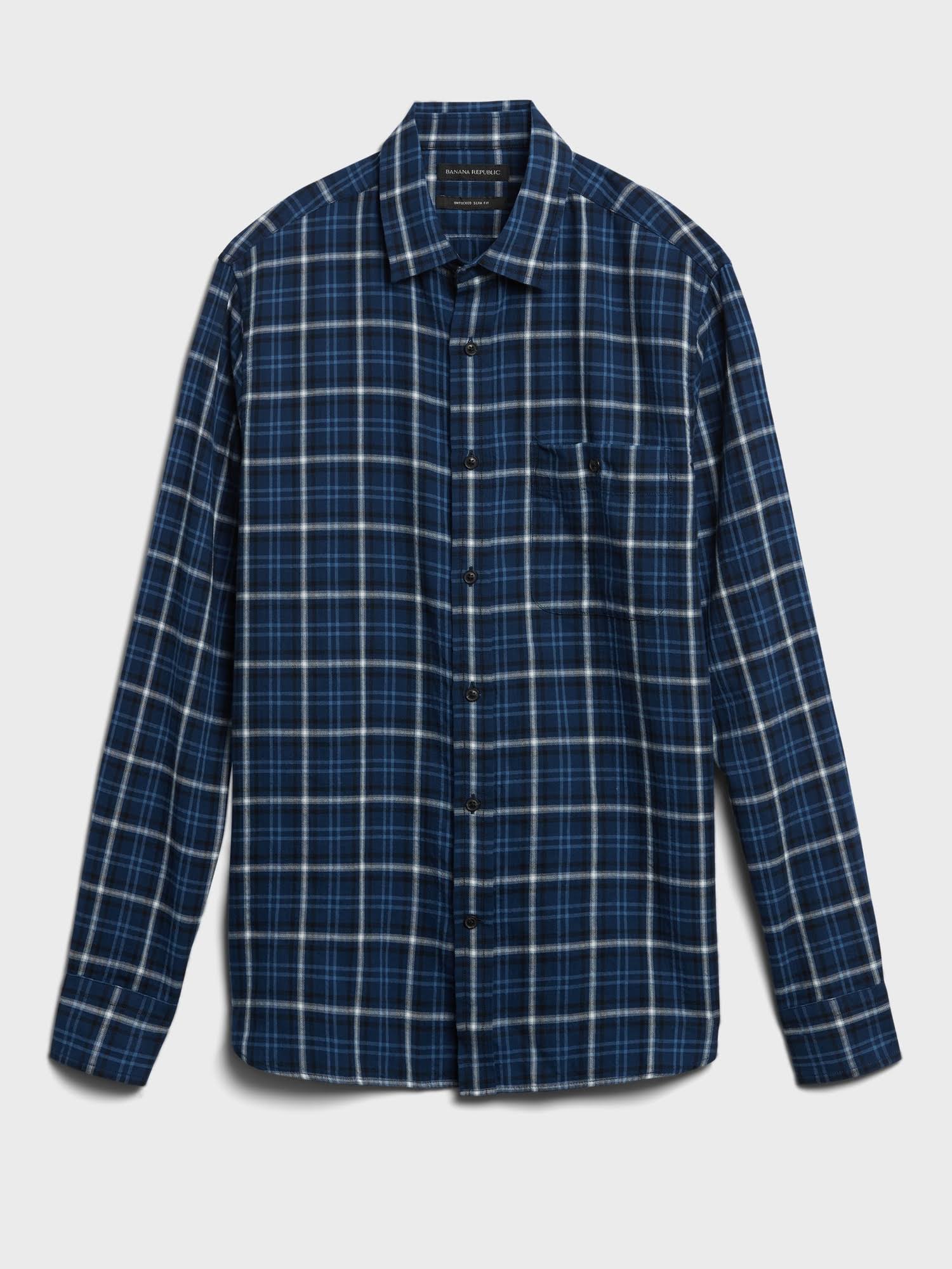 Banana Republic Men's Untucked Slim-Fit Crinkle Flannel Shirt Navy Plaid Size Xs