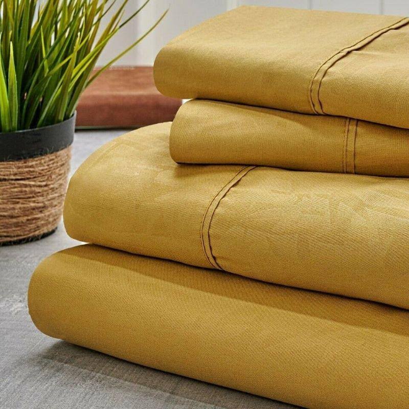 Bamboo 1800 Count Leaf Embossed Bed Sheet Set Linen / King
