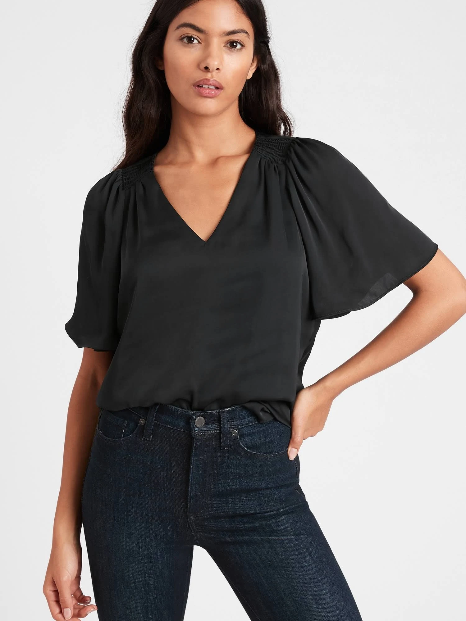 Banana Republic Women's Satin Flutter-Sleeve Top Black Size S
