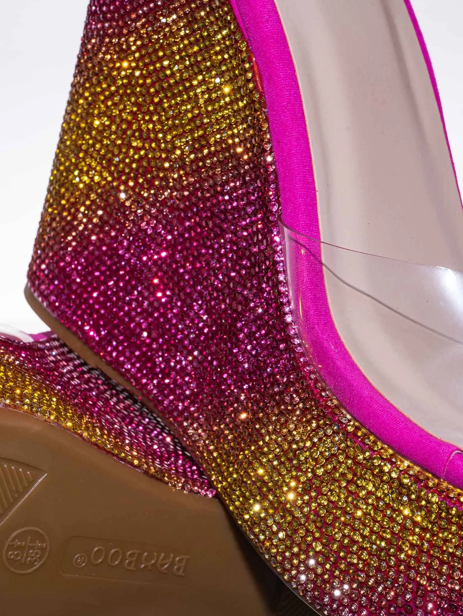 Bamboo Lucite Rhinestone Platform Wedge - Clear Transparent Slipper Sandal, Pink and Yellow