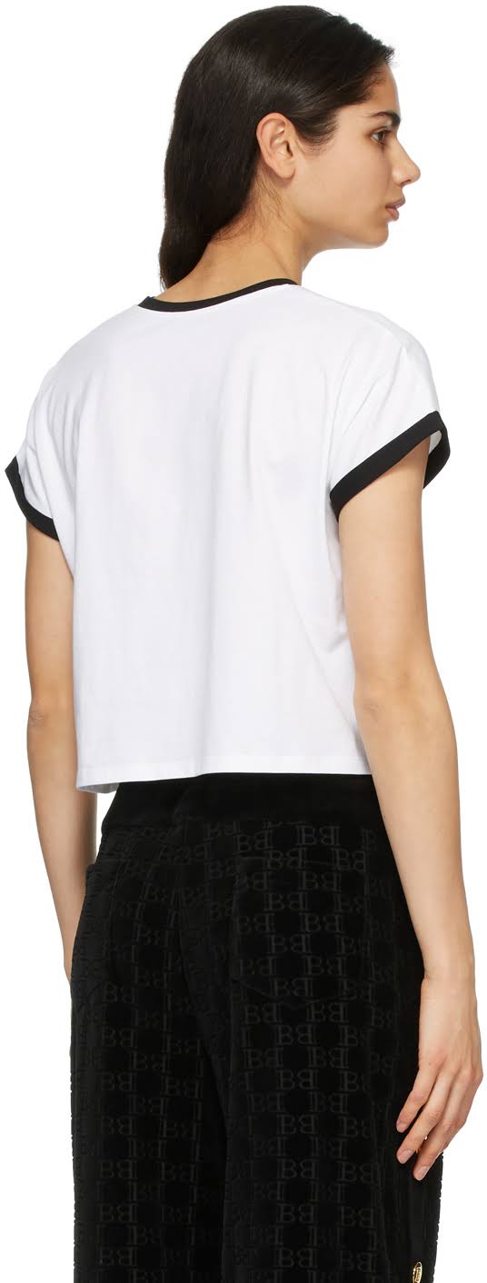 Balmain White & Black Cropped Flocked Logo T-Shirt