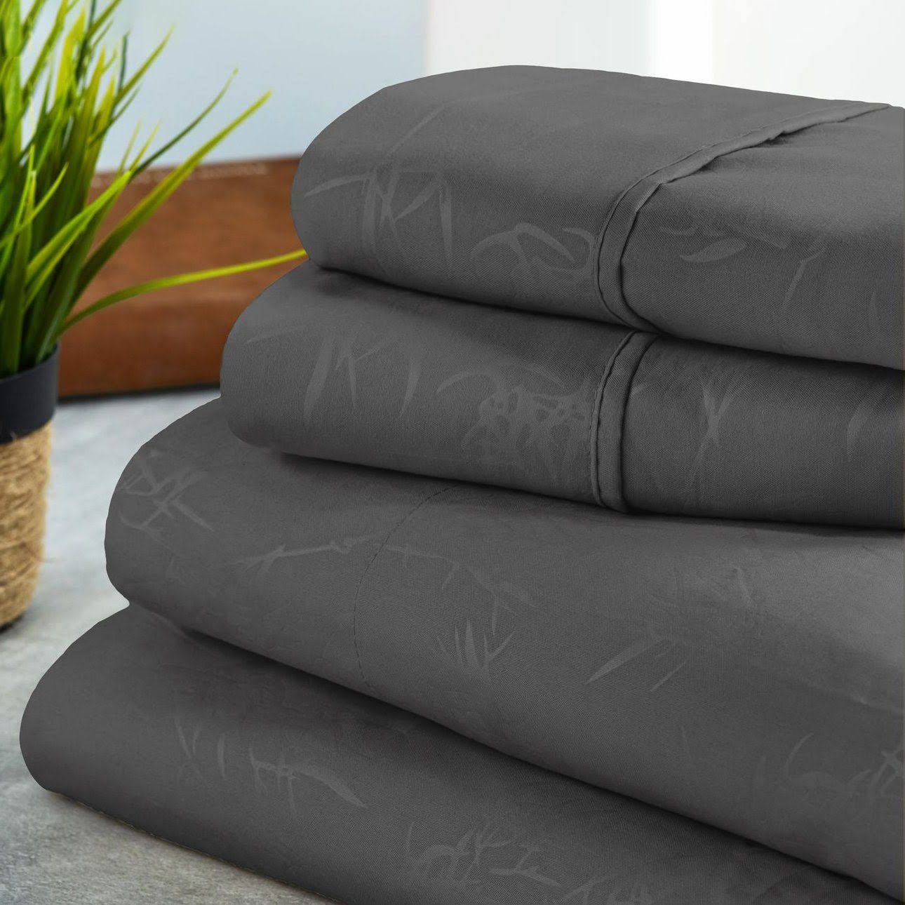 Bamboo 1800 Count Leaf Embossed Bed Sheet Set Silver / Queen