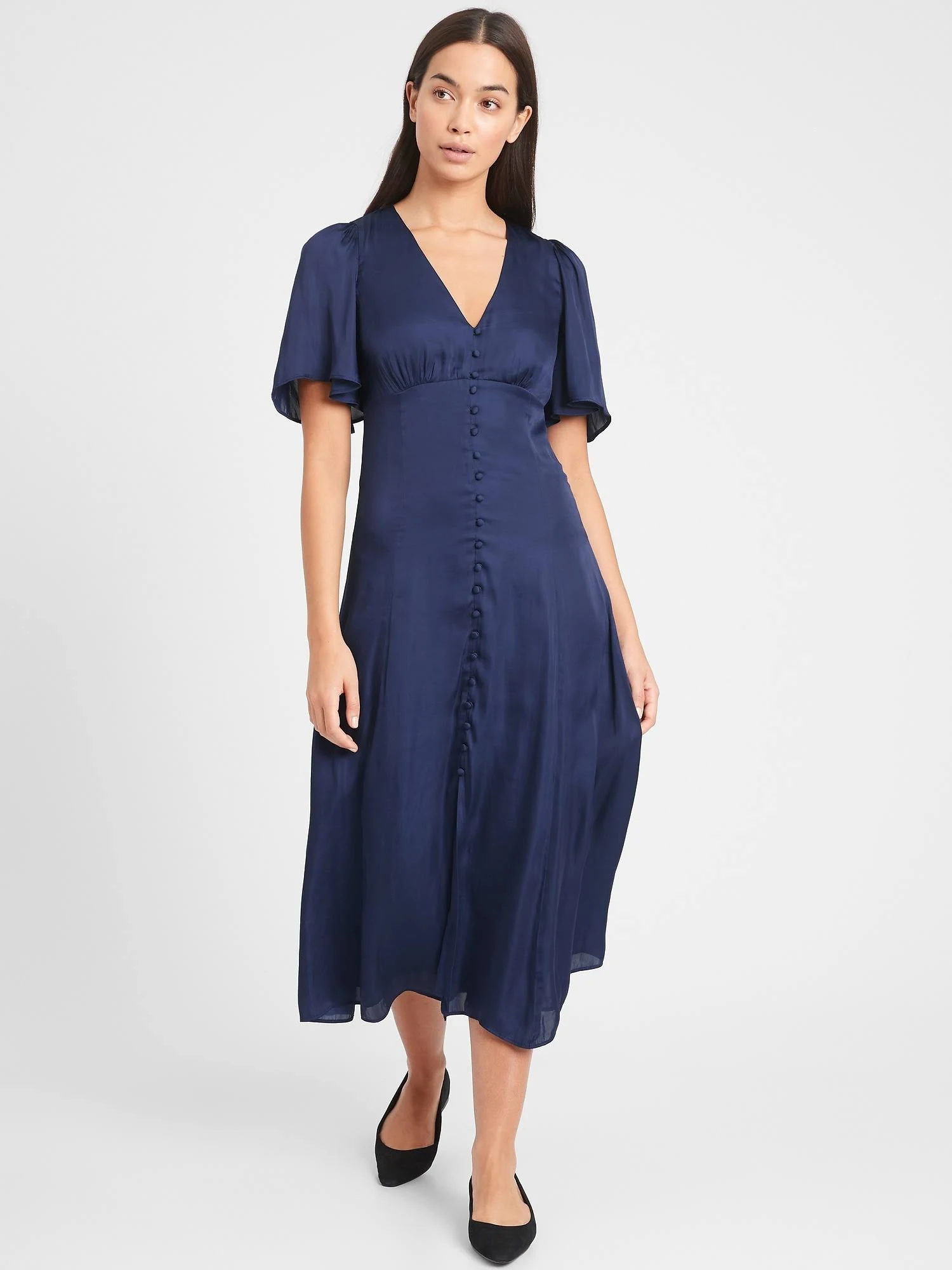 Banana Republic Women's Satin Flutter-Sleeve Midi Dress Night Flight Navy Size 0