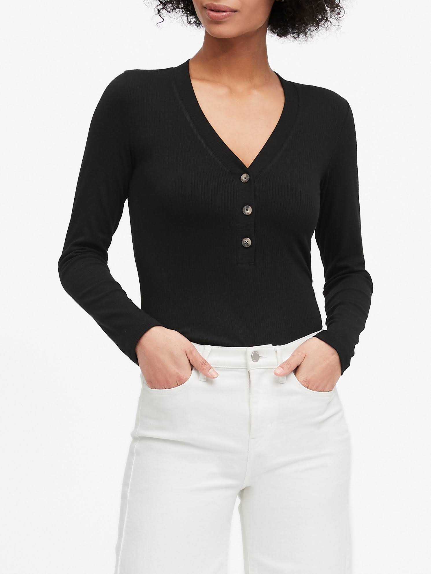 Banana Republic Women's Ribbed Henley T-Shirt Black Size XS
