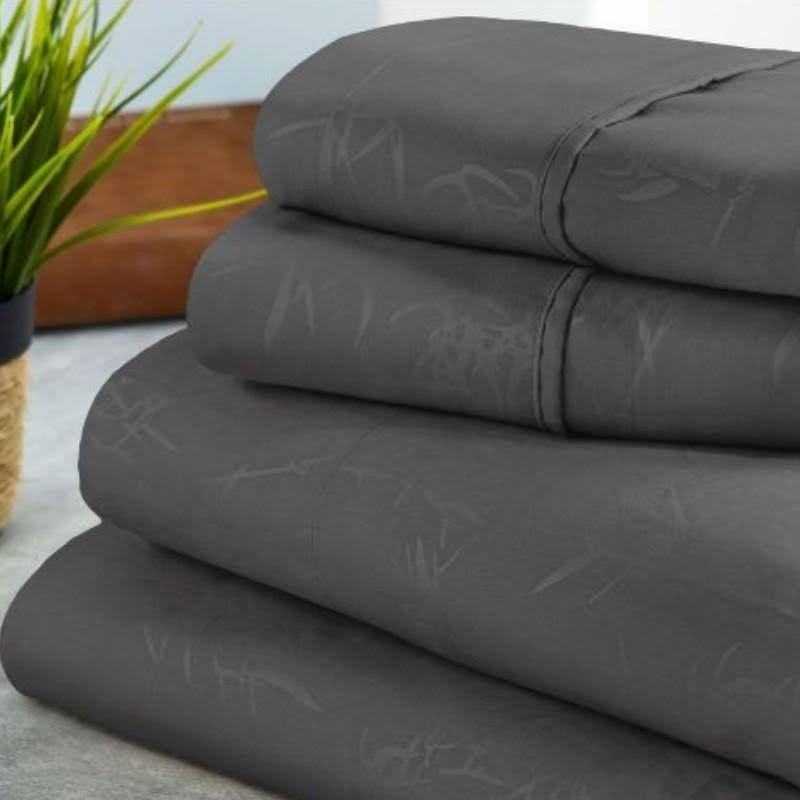 Bamboo 1800 Count Leaf Embossed Bed Sheet Set Gray / King