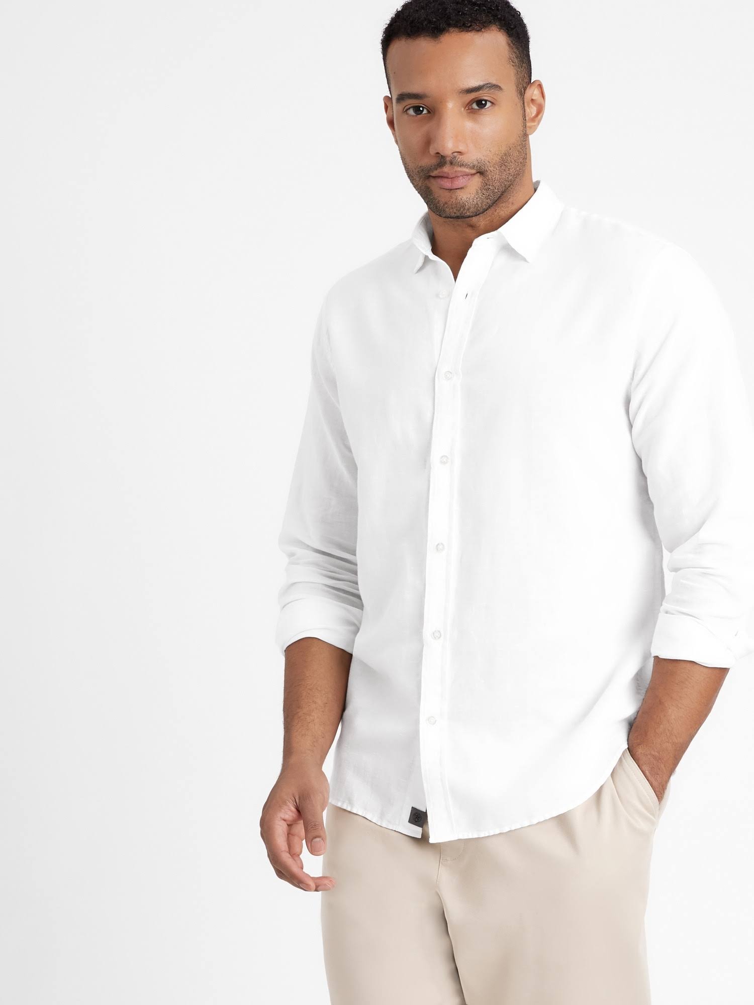 Banana Republic Men's Untucked Slim-Fit Linen-Cotton Shirt White Size S