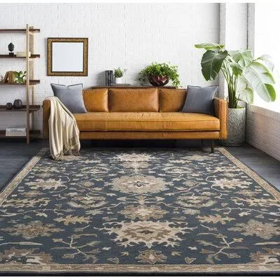Willard Floral Handmade Tufted Wool Navy / Tan Area Rug Charlton Home Rug Size: Rectangle 12& x 15&