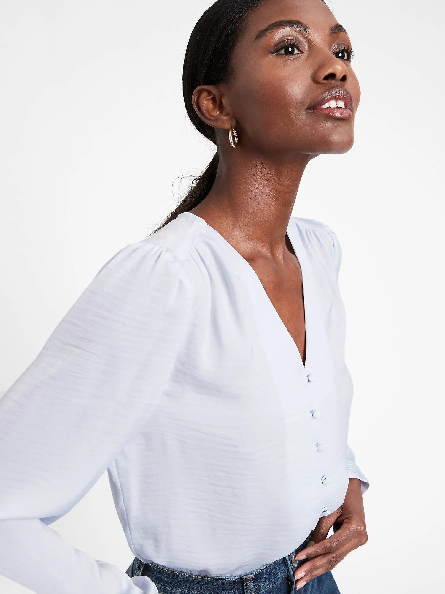 Banana Republic Women's Soft Satin V-Neck Blouse Moondust Size XL