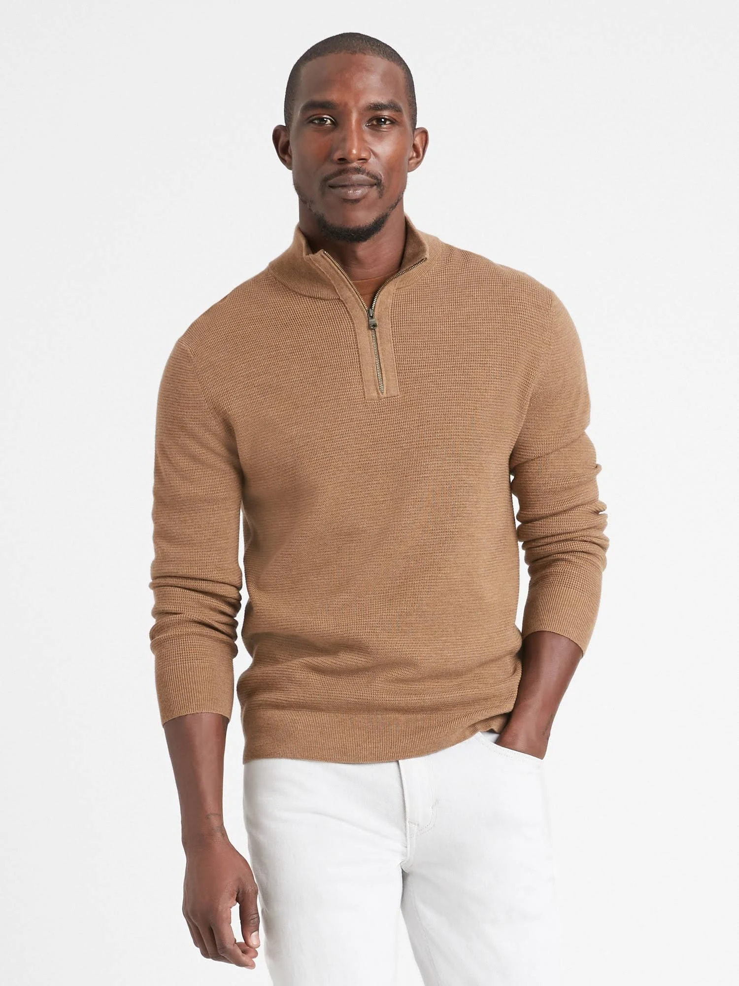Banana Republic Men's Merino Waffle-Knit Half-Zip Sweater Whiskey Size S