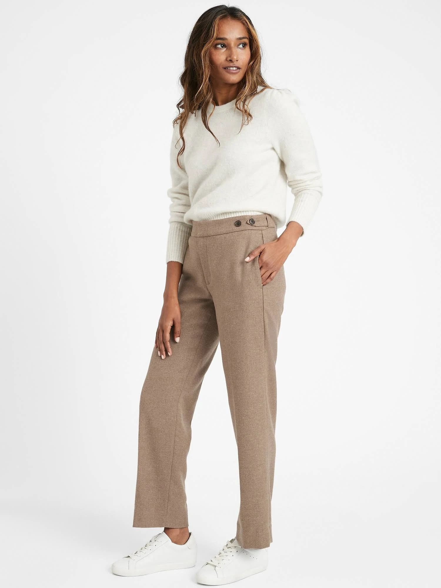 Banana Republic Women's High-Rise Straight Elastic-Waist Pant Camel Size 14 Long