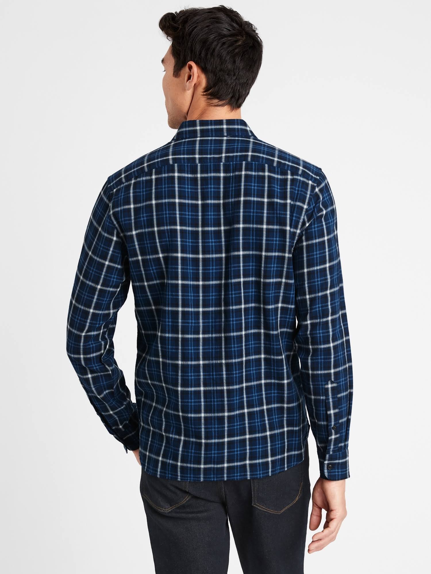 Banana Republic Men's Untucked Slim-Fit Crinkle Flannel Shirt Navy Plaid Size Xs