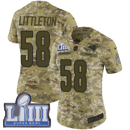 Los Angeles Rams #58 Cory Littleton Camo Super Bowl LIII Bound Women's Stitched Limited 2018 Salute to Service Jersey Womens