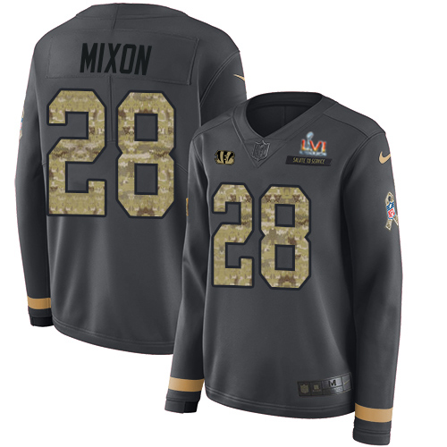 Bengals #28 Joe Mixon Anthracite Super Bowl LVI Patch Salute To Service Women's Stitched Limited Therma Long Sleeve Jersey