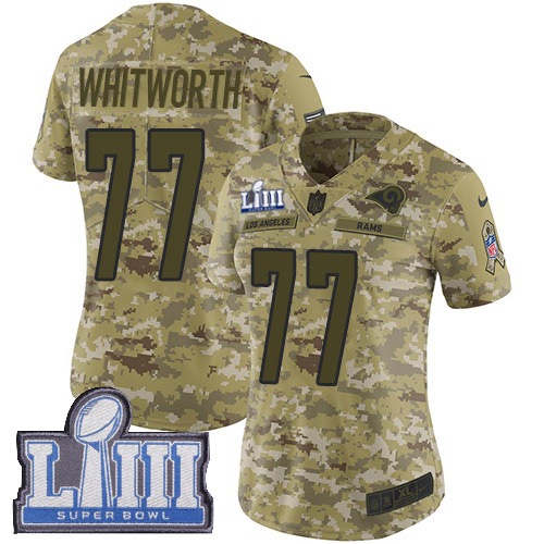 Los Angeles Rams #77 Andrew Whitworth Camo Super Bowl LIII Bound Women's Stitched Limited 2018 Salute to Service Jersey Womens