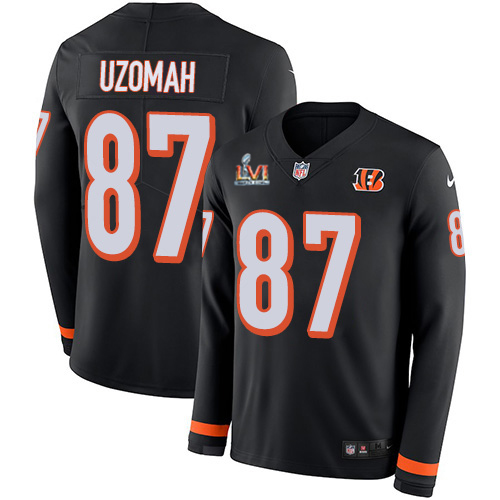 Cincinnati Bengals #87 C.J. Uzomah Black Team Color Super Bowl LVI Patch Men's Stitched Limited Therma Long Sleeve Jersey Men's