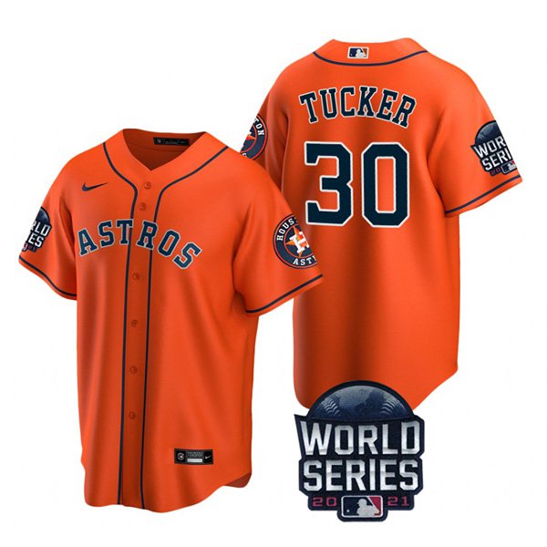 Houston Astros #30 Kyle Tucker Men's 150th Anniversary 2021 World Series Game Jersey - Orange