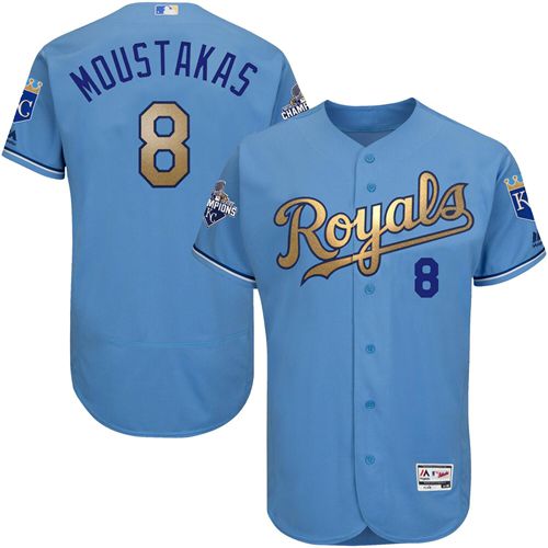 Kansas City Royals #8 Mike Moustakas Light Blue FlexBase Authentic 2015 World Series Champions Gold Program Stitched Jersey Men's