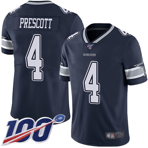 Cowboys #4 Dak Prescott Navy Blue Team Color Men's Stitched 100th Season Vapor Limited Jersey