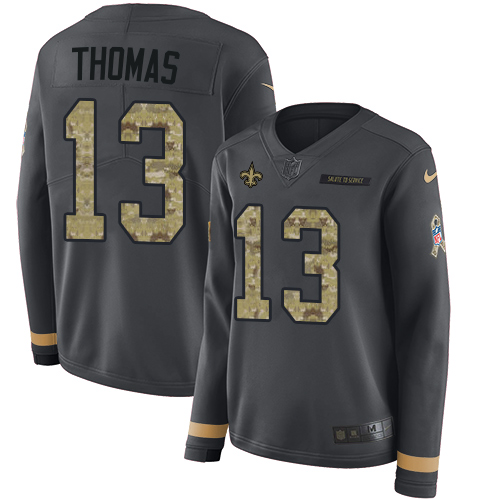 Saints #13 Michael Thomas Anthracite Salute To Service Women's Stitched Limited Therma Long Sleeve Jersey