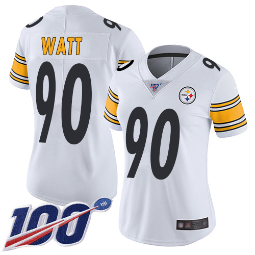 Steelers #90 T. J. Watt White Women's Stitched 100th Season Vapor Limited Jersey