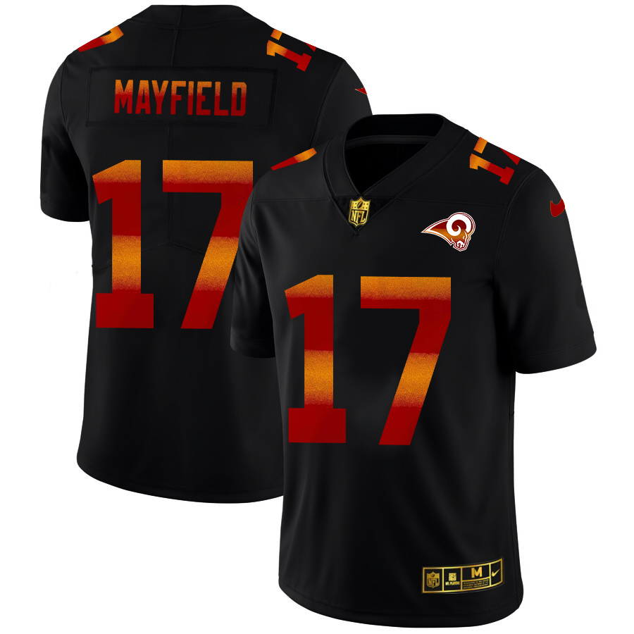 Los Angeles Rams #17 Baker Mayfield Men's Black Red Orange Stripe Vapor Limited Jersey