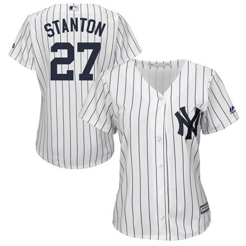 New York Yankees #27 Giancarlo Stanton White Strip Home Women's Stitched Jersey Womens