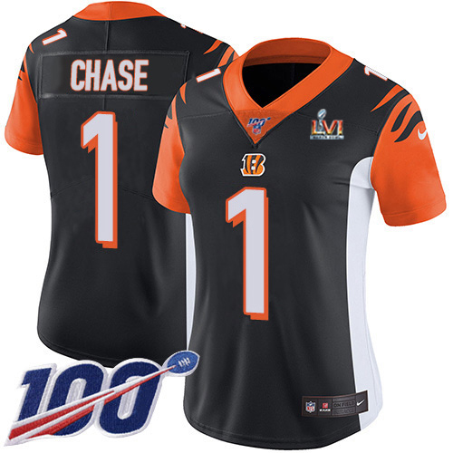 Bengals #1 Ja'Marr Chase Black Team Color Super Bowl LVI Patch Women's Stitched 100th Season Vapor Untouchable Limited Jersey