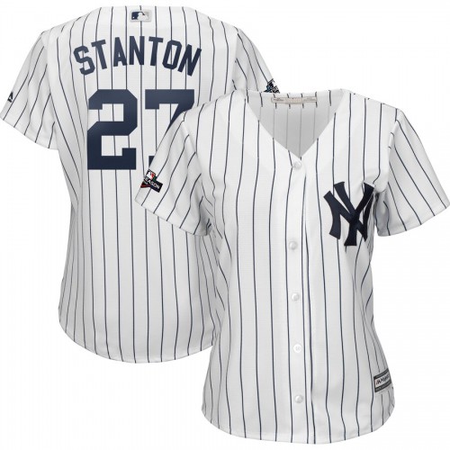 New York New York Yankees #27 Giancarlo Stanton Majestic Women's 2019 Postseason Official Cool Base Player Jersey White Navy Womens