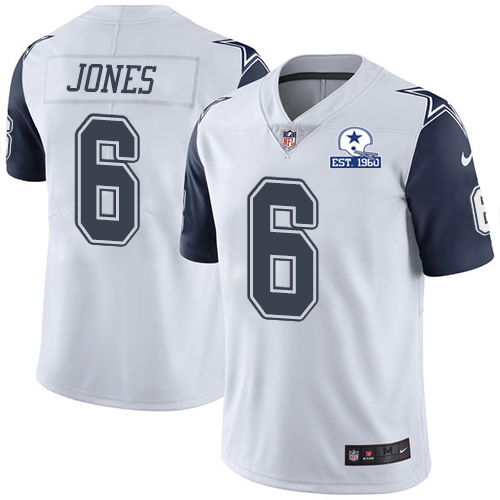 Dallas Cowboys #6 Chris Jones White Men's Stitched With Established In 1960 Patch Limited Rush Jersey Men's