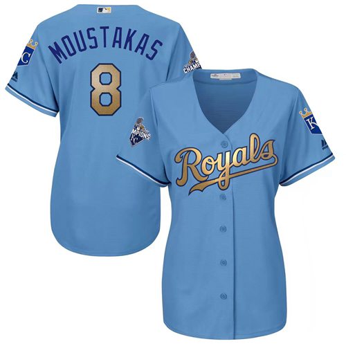 Kansas City Royals #8 Mike Moustakas Light Blue Women's 2015 World Series Champions Gold Program Cool Base Stitched Jersey Womens