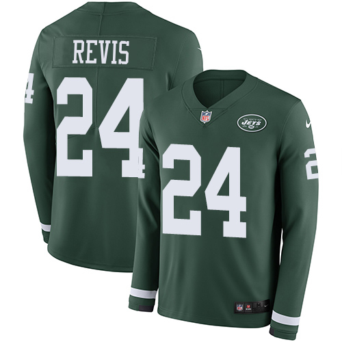 Jets #24 Darrelle Revis Green Team Color Men's Stitched Limited Therma Long Sleeve Jersey
