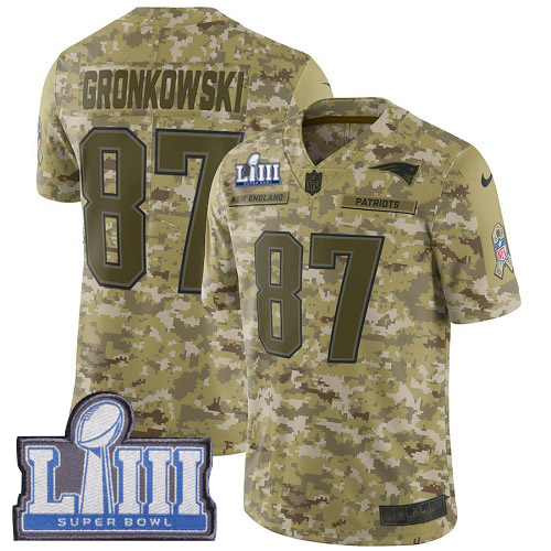 New England Patriots #87 Rob Gronkowski Camo Super Bowl LIII Bound Men's Stitched Limited 2018 Salute To Service Jersey Men's