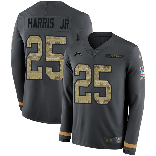 Los Angeles Chargers #25 Chris Harris Jr Anthracite Salute to Service Men's Stitched Limited Therma Long Sleeve Jersey Men's