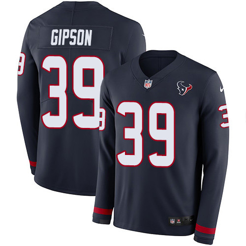 Houston Texans #39 Tashaun Gipson Navy Blue Team Color Men's Stitched Limited Therma Long Sleeve Jersey Men's