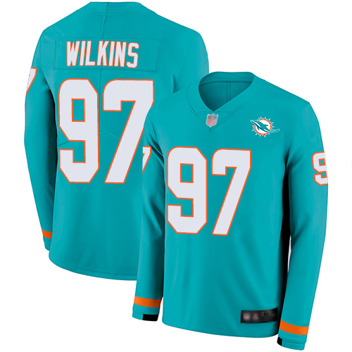 Miami Dolphins #97 Christian Wilkins Aqua Green Team Color Men's Stitched Limited Therma Long Sleeve Jersey Men's