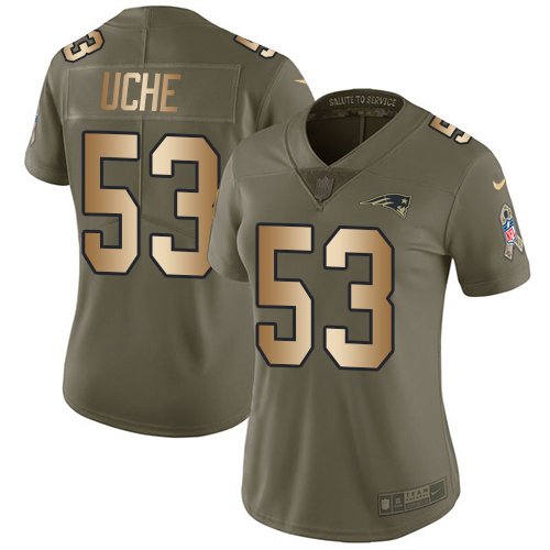 New England Patriots #53 Josh Uche Olive/Gold Women's Stitched Limited 2017 Salute To Service Jersey Womens