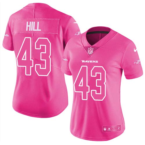 Baltimore Ravens #43 Justice Hill Pink Women's Stitched Limited Rush Fashion Jersey Womens