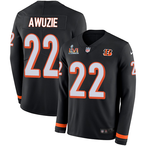 Cincinnati Bengals #22 Chidobe Awuzie Black Team Color Super Bowl LVI Patch Men's Stitched Limited Therma Long Sleeve Jersey Youth