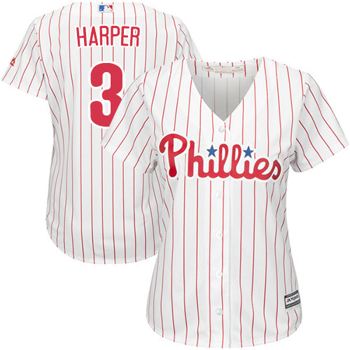 Philadelphia Phillies #3 Bryce Harper White(Red Strip) Home Women's Stitched Jersey Womens