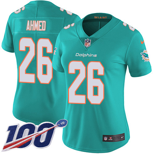 Miami Dolphins #26 Salvon Ahmed Aqua Green Team Color Women's Stitched 100th Season Vapor Untouchable Limited Jersey Womens