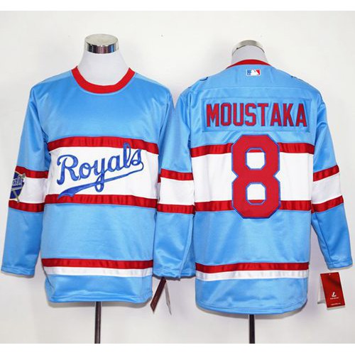 Kansas City Royals #8 Mike Moustakas Light Blue Long Sleeve Stitched Jersey Men's